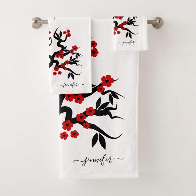 Red black love birds sakura cherry tree, blossoms bath towel set (Insitu)