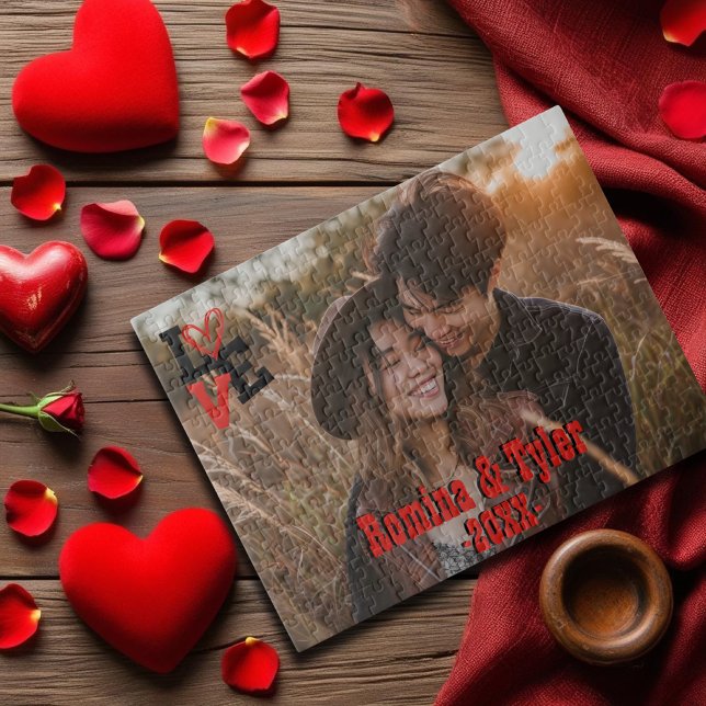Red & Black LOVE Design with Photo, Names & Date Jigsaw Puzzle (Happy Valentine's Day Love custom Photo and Names Jigsaw Puzzle)