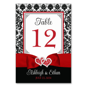 Red, Black Love Hearts Wedding Table Number
