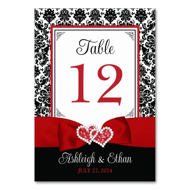 Red, Black Love Hearts Wedding Table Number (Front)