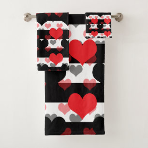 Red Black Love Hearts With Black White Stripes  Bath Towel Set