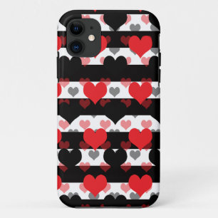 Red Black Love Hearts With Black White Stripes iPhone 11 Case