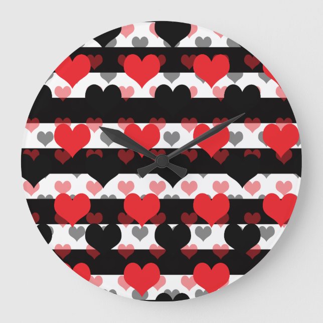 Red Black Love Hearts With Black White Stripes  Large Clock (Front)