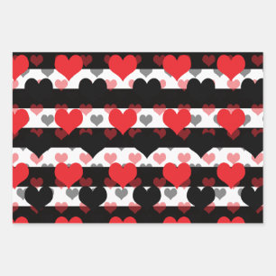 Red Black Love Hearts With Black White Stripes  Wrapping Paper Sheet