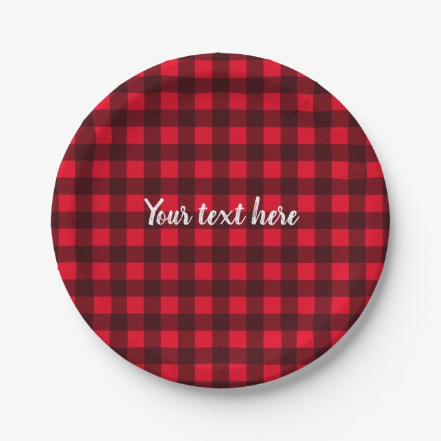 Red black lumberjack buffolo plaid theme paper plate (Front)