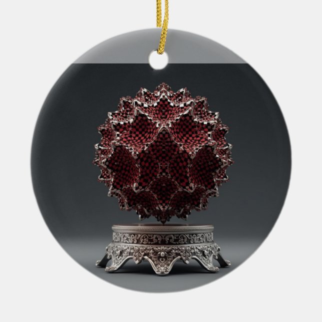 Red & Black Mandelbrot Sphere On Silver Pedestal Ceramic Ornament (Front)