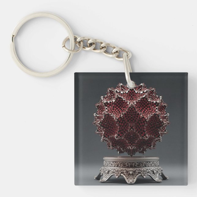 Red & Black Mandelbrot Sphere On Silver Pedestal Keychain (Front)