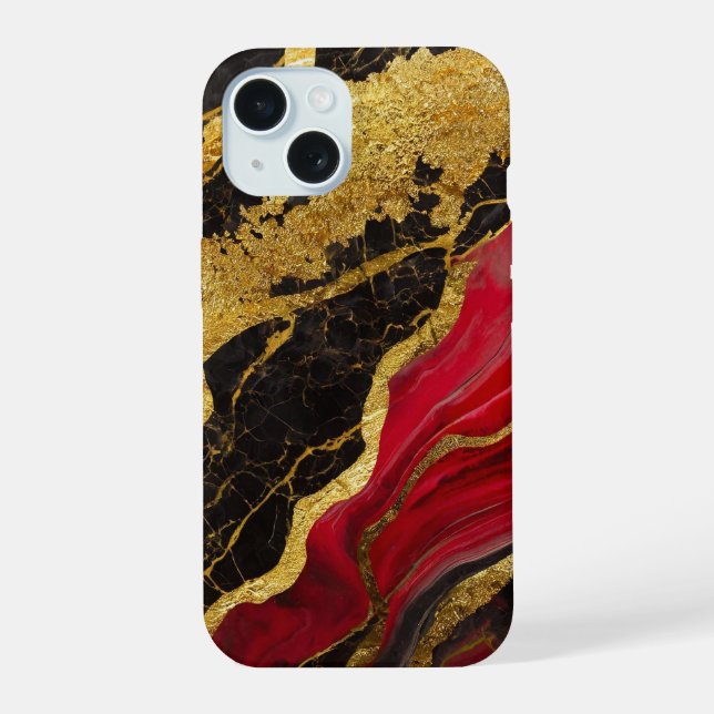 Red Black Marble Pattern with Gold iPhone 15 Case (Back)