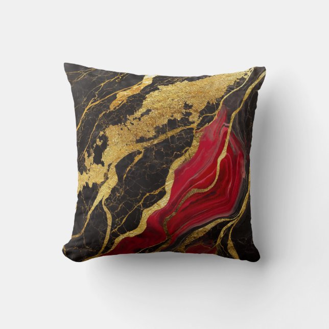 Red Black Marble Pattern with Gold Throw Pillow (Front)