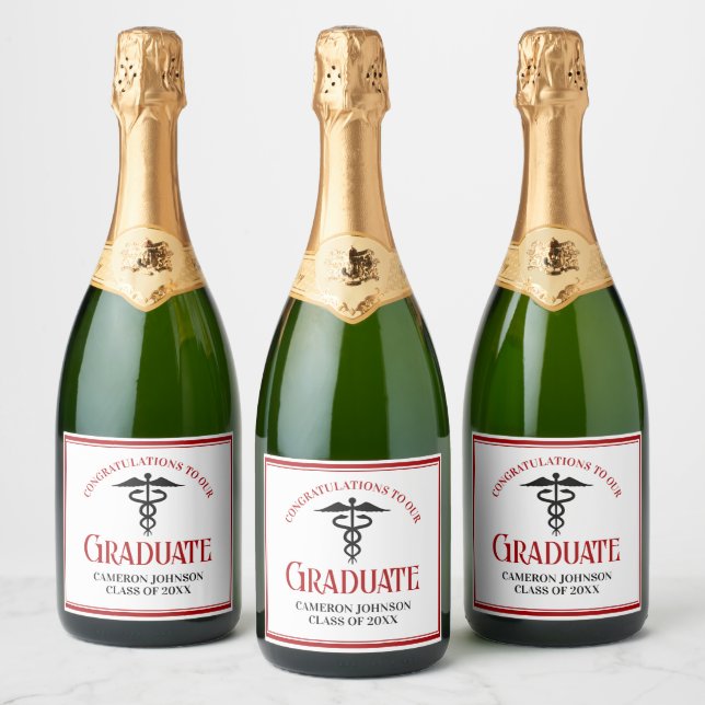 Red Black Medical School Custom Graduation Party Sparkling Wine Label (Bottles)
