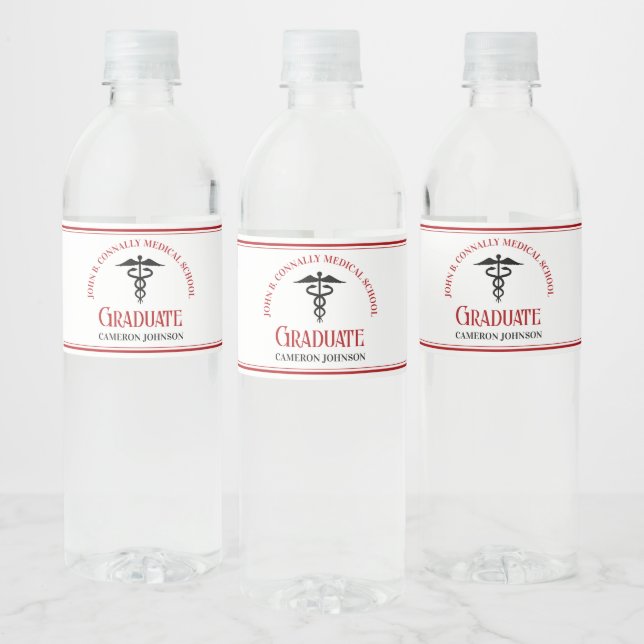 Red Black Medical School Custom Graduation Party Water Bottle Label (Bottles)