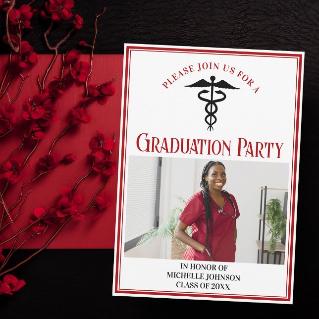 Red Black Medical School Graduation Photo Party Invitation (Creator Uploaded)