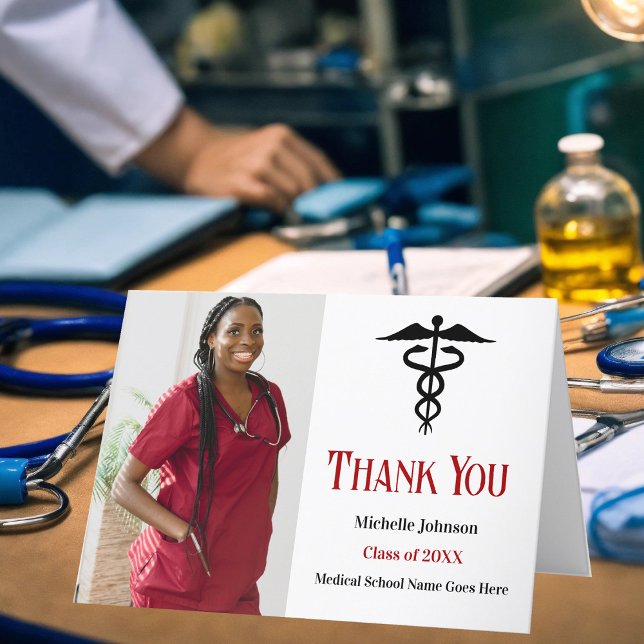 Red Black Medical School Graduation Photo Thank You Card (Creator Uploaded)