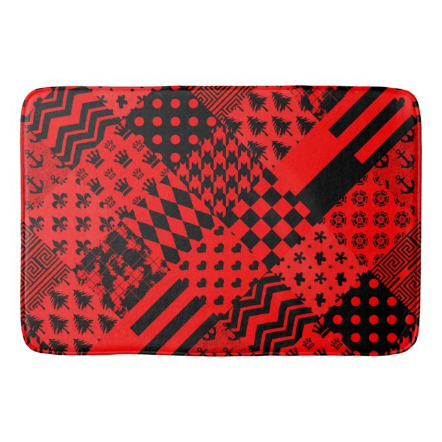 Red Black Mixed Patterns Patchwork Design  Bath Mat (Front)