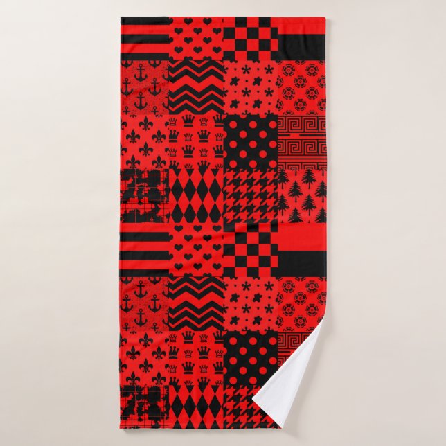 Red Black Mixed Patterns Patchwork Design  Bath Towel (Bath Towel)