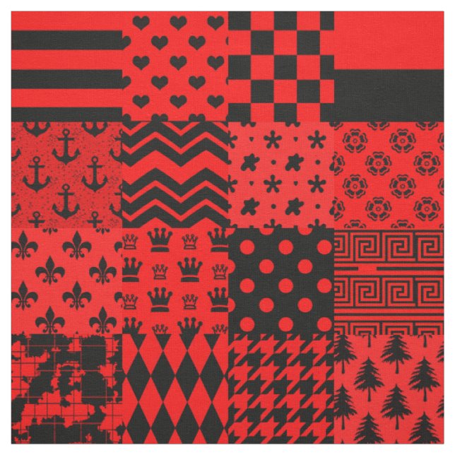 Red Black Mixed Patterns Patchwork Design  Fabric (Swatch)