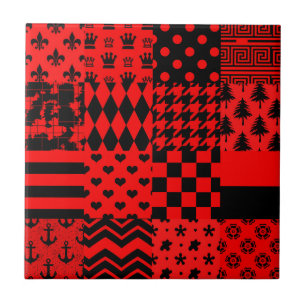 Red Black Mixed Patterns Patchwork Design Tile