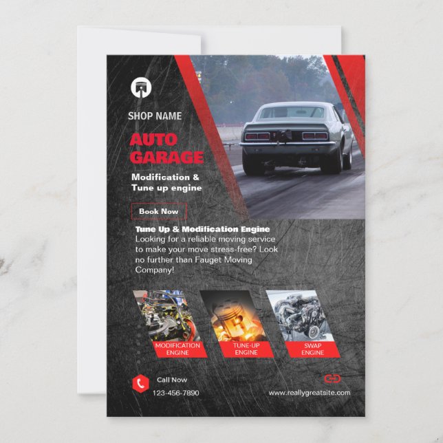 Red & Black Modern Auto Garage Flyer  Invitation (Front)