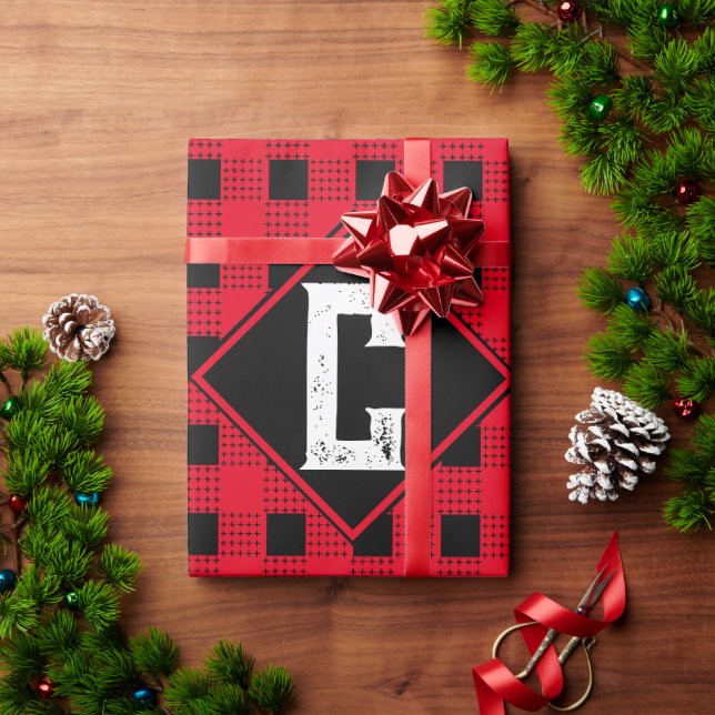 red & black modern buffalo plaid Monogram initial Wrapping Paper (Holiday Gift)