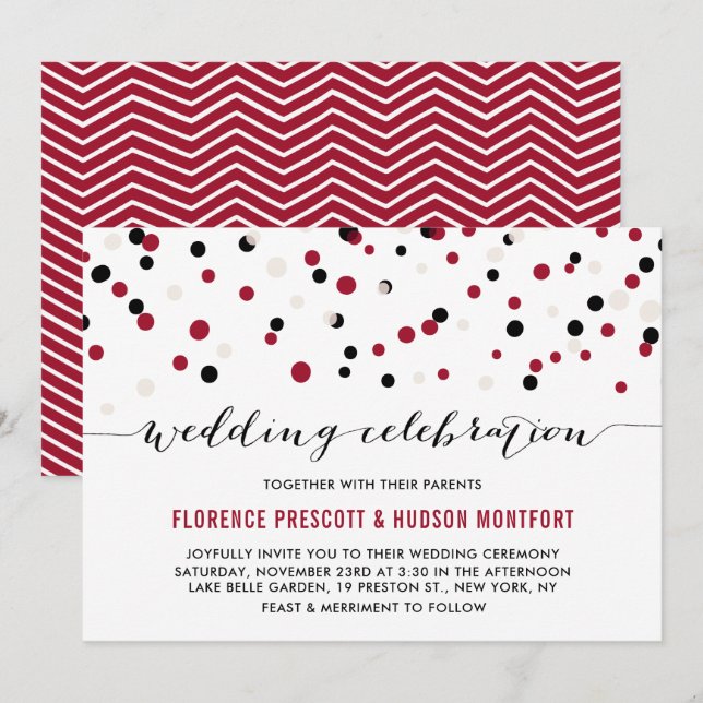 Red & Black Modern Confetti Dots Wedding Invitation (Front/Back)