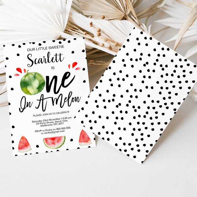 Red Black Modern One in A Melon 1st Birthday  Invitation (Girls One In A Melon First Birthday Invitations, One In A Melon invite, Watermelon 1st Birthday)