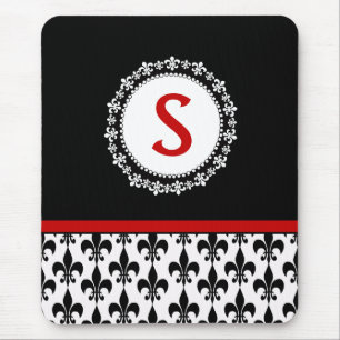 Red Black Monogram Fleur de Lis Mousepad