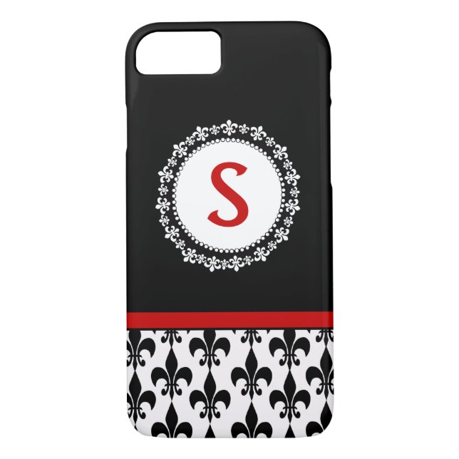 Red Black Monogram Fleur de Lis Pattern Case-Mate iPhone Case (Back)