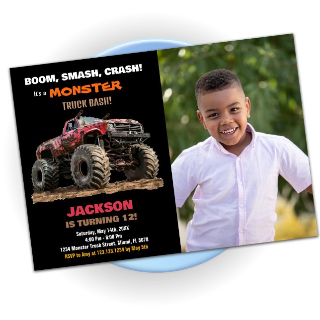 Red Black Monster Truck Birthday Invitations Photo (Red Black Monster Truck Birthday Invitations Photo)
