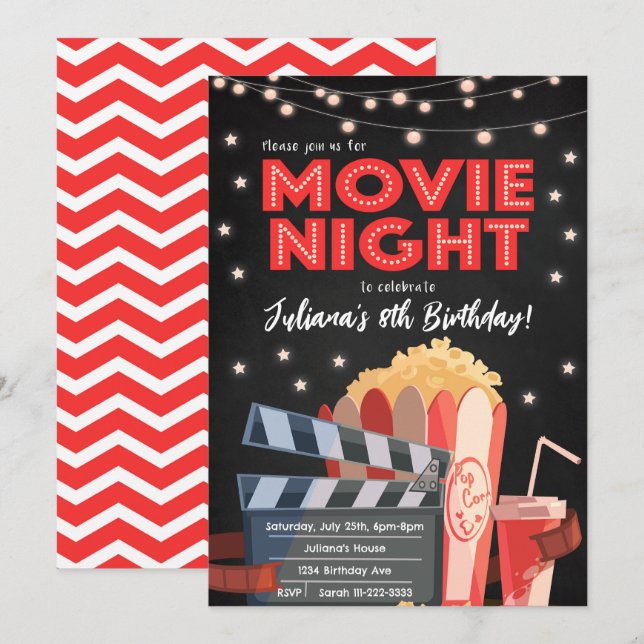 Red Black Movie Nuit Anniversaire Invitation (Devant / Derrière)