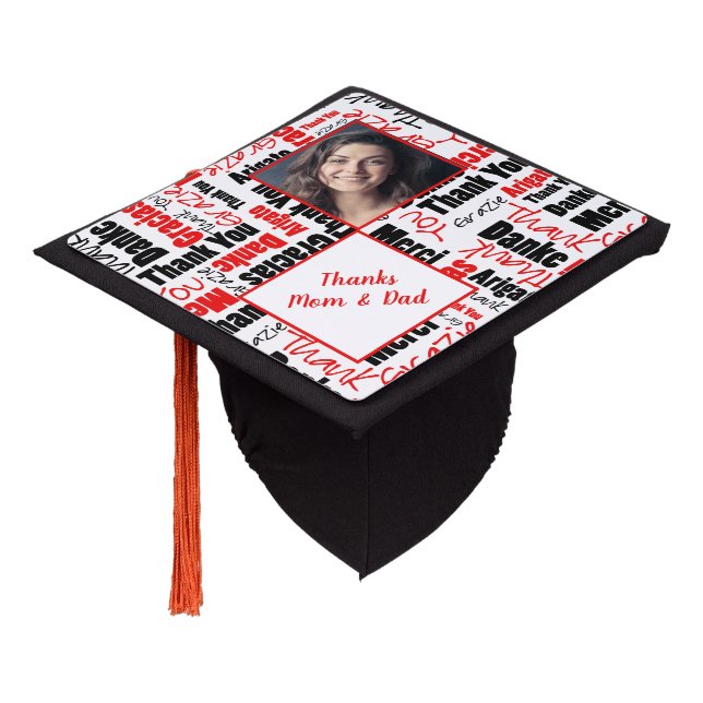 Red Black Multilingual Thank You Custom Photo Graduation Cap Topper (Angled)