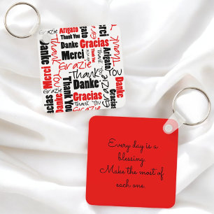 Red Black Multilingual "Thank You" Typography Keychain