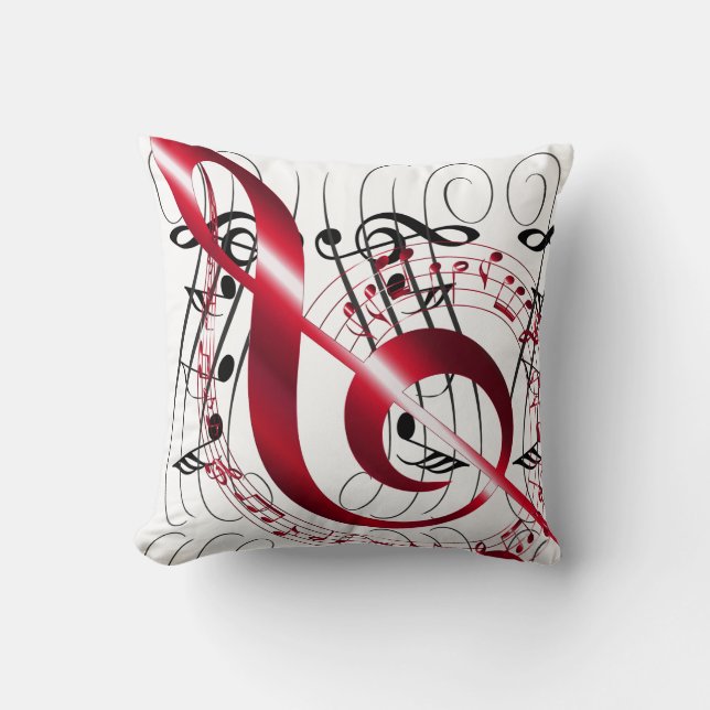 Red, Black Music Notes On White Throw Pillow (Front)