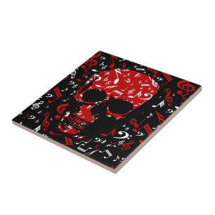 Red Black Musical notes skull Tile