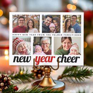 Red, black New Year Cheer six photo collage 2025 Holiday Card
