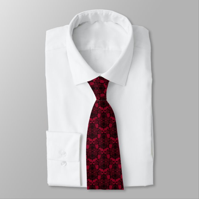 Red Black Ornament Neck Tie (Tied)