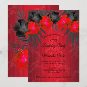 Red Black Palms Hibiscus Damask Birthday Party Invitation