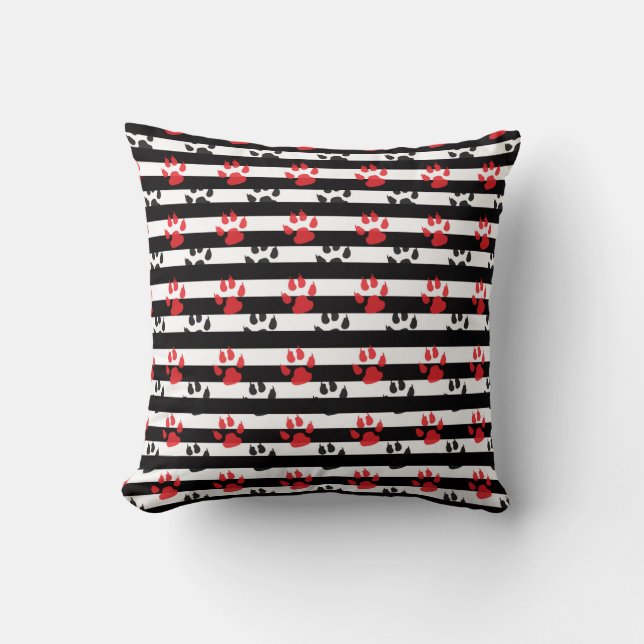 Red Black Paw Claw On Black White Stripes Throw Pillow (Front)