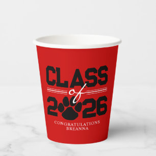 Red & Black Pawprint Class of Graduation Paper Cups