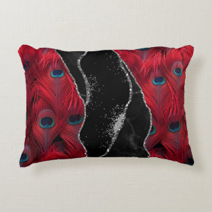 Red Black Peafowl Marble Agate Glam Accent Pillow