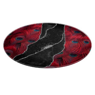 Red Black Peafowl Marble Agate Glam Cutting Board