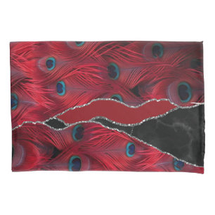 Red Black Peafowl Marble Agate Glam Pillowcase