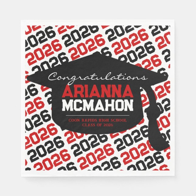Red & Black Personalized Graduation Cap Paper Napk Napkin (Front)