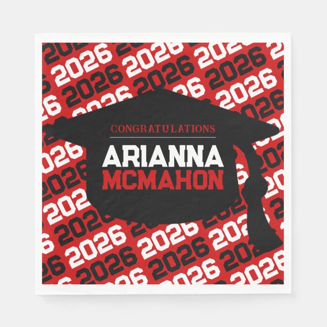 Red & Black Personalized Graduation Cap Paper Napkin (Front)