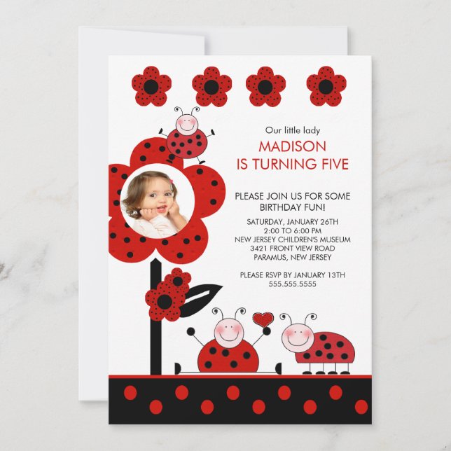 RED & Black PHOTO Ladybug Birthday Invitation (Front)