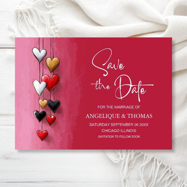 Red Black Pink Hearts Wedding Save the Date (Créateur téléchargé)
