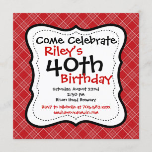Red Black Plaid 40th Birthday Party Invitations
