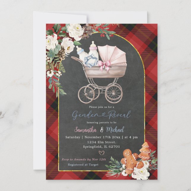 Red Black Plaid Baby Carriage Gender Reveal Invitation (Front)
