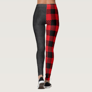 Red & Black Plaid Black Denim Look Leggings