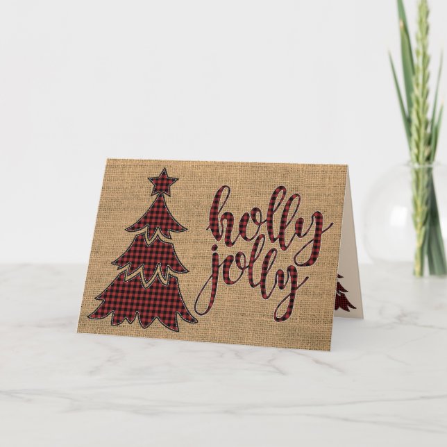 Red, Black Plaid Burlap holly jolly Card with Tree (Front)