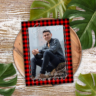 Red Black Plaid Check Graduation Announcement Postcard